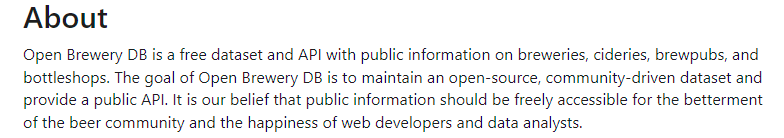 screenshot of text: about open brewery db is a free dataset and api with public information on breweries, cideries, brewpubs, and bottleshops