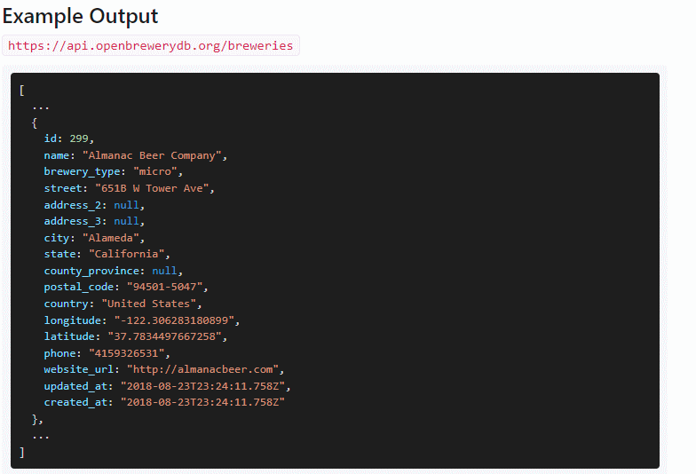 screenshot of text: url to api and code for javascript object